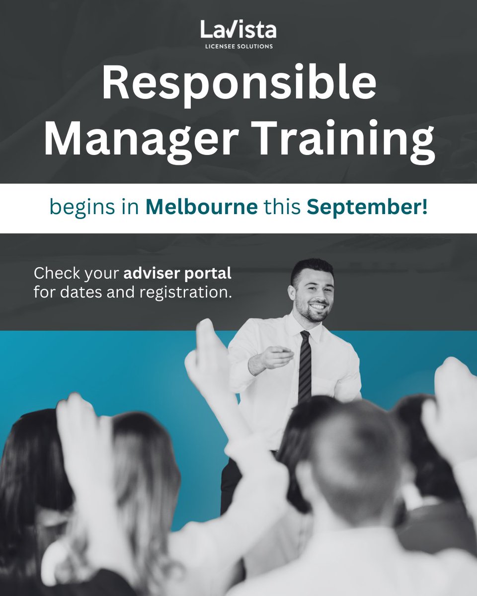 Responsible Manager Training is back this September, kicking off in Melbourne and touring capital cities nationwide! Check your adviser portal for dates and registration. #lavistalicenseesolutions #dealerservices #responsiblemanagertraining #licenseeservices