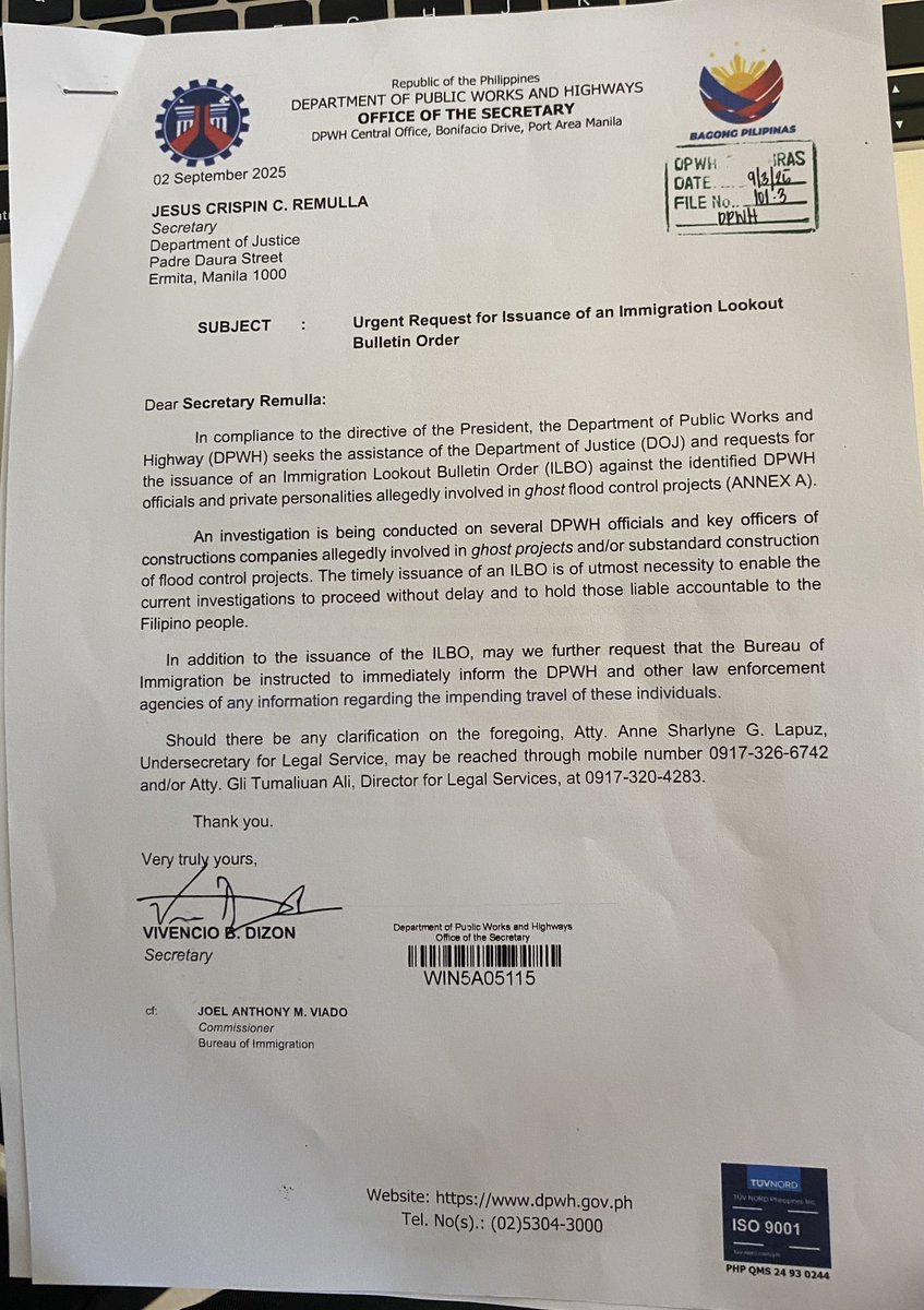 LOOK: DPWH Secretary Vince Dizon requests a lookout order from the Department of Justice against DPWH officials and contractors linked with anomalous flood control projects, including the Discaya couple. <a href="/manilabulletin/">Manila Bulletin News</a>