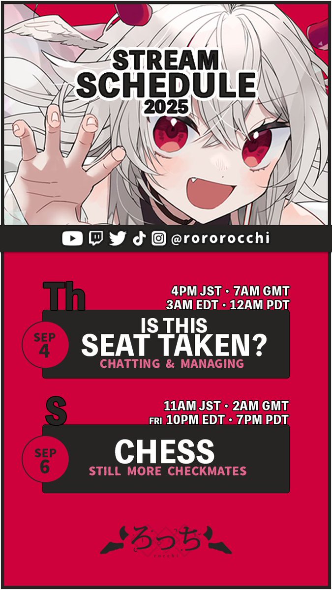 《 sep 1 ~ sep 7 | stream schedule 》

YOUTUBE
・ → youtube.com/c/rororocchi ← ・

TWITCH
・ → twitch.tv/rororocchi ← ・

#dungeonlive #vtuber