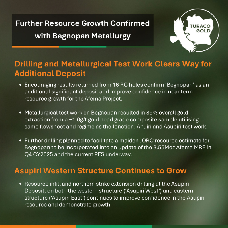 TuracoGold's tweet photo. 🚨 Afema Update 🇨🇮
🟡 Begnopan confirmed as new deposit (~3km, open all directions)
📊 Update to the 3.55Moz MRE expected Q4'25
🔬 Metallurgy: 89% recovery
📈 Structure Growth at Asupiri West &amp; East
💰 Exceptional cash A$80m | ⛏️ 5 rigs=double shift
Click to read 👇