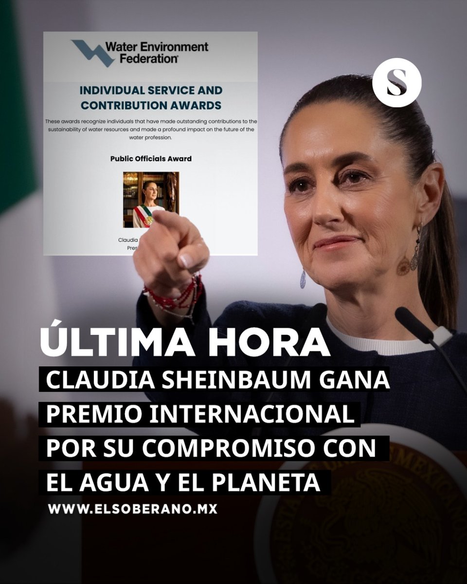 El Soberano (@elsoberanomx) on Twitter photo #ÚLTIMAHORA 🚨 Claudia Sheinbaum gana premio internacional por su compromiso con el agua y el planeta
<a href="/Claudiashein/">Claudia Sheinbaum Pardo</a> es galardonada con el Premio Public Officials de la WEF por su compromiso con la sostenibilidad y la defensa del agua, un reconocimiento internacional a su trabajo #ÚLTIMAHORA 🚨 Claudia Sheinbaum gana premio internacional por su compromiso con el agua y el planeta
<a href="/Claudiashein/">Claudia Sheinbaum Pardo</a> es galardonada con el Premio Public Officials de la WEF por su compromiso con la sostenibilidad y la defensa del agua, un reconocimiento internacional a su trabajo