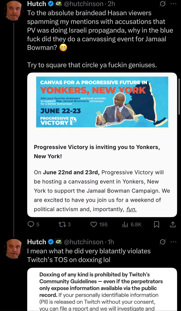 Hutch calls out Hasan and accuses him slinging misinformation about Progressive Victory

Also calls him out for a “partial doxx of several creators in the video he is reacting to..plastered on his screen as he lobs these insane allegations” 

Tags Twitch to ask why that’s allowed