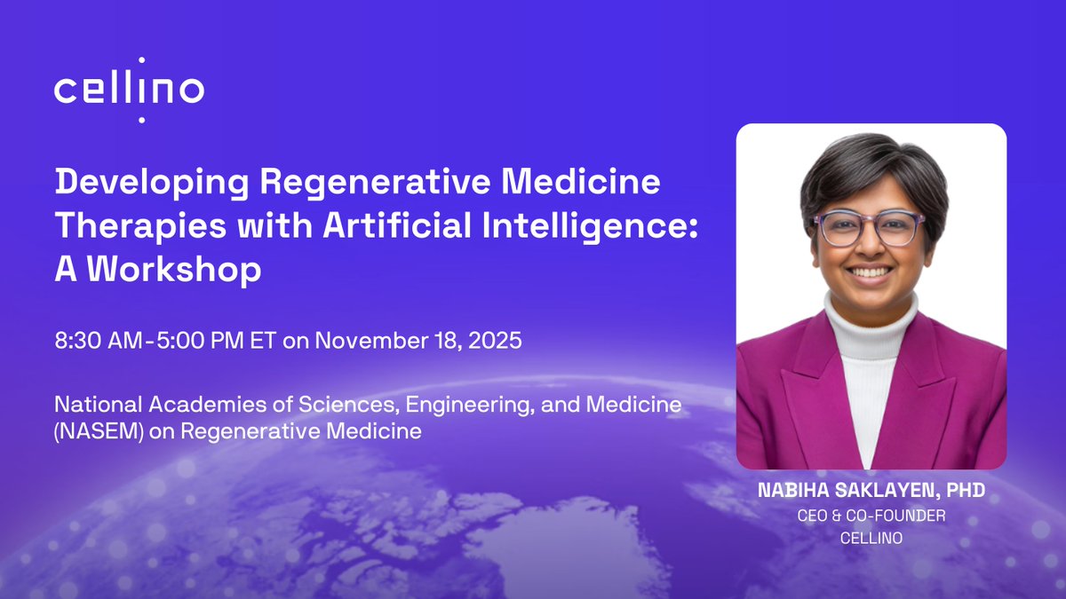 Cellino (@cellinobio) on Twitter photo 📢 Honored to announce that our Co-Founder & CEO, <a href="/nabsicle/">Nabiha Saklayen</a>, will be co-chairing the <a href="/NASEM_Health/">NASEM Health</a>’s “Developing Regenerative Medicine Therapies with #AI” workshop on Nov 18 in #DC.
👉 Join us in person or online: bit.ly/4n2GP6s 📢 Honored to announce that our Co-Founder & CEO, <a href="/nabsicle/">Nabiha Saklayen</a>, will be co-chairing the <a href="/NASEM_Health/">NASEM Health</a>’s “Developing Regenerative Medicine Therapies with #AI” workshop on Nov 18 in #DC.
👉 Join us in person or online: bit.ly/4n2GP6s