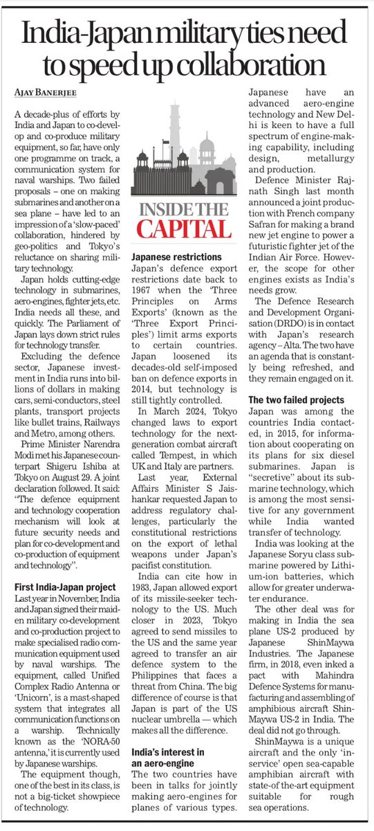 Ajay Banerjee (@ajaynewsman) on Twitter photo Can India and Japan be long term partners in co-development and co-production of military equipment?.
The first baby steps have been taken but , it is a long way to go for a big-ticket tech showpiece agreement.
<a href="/thetribunechd/">The Tribune</a> <a href="/MEAIndia/">Randhir Jaiswal</a>
Link to full text👇
tribuneindia.com/news/delhi/ind… Can India and Japan be long term partners in co-development and co-production of military equipment?.
The first baby steps have been taken but , it is a long way to go for a big-ticket tech showpiece agreement.
<a href="/thetribunechd/">The Tribune</a> <a href="/MEAIndia/">Randhir Jaiswal</a>
Link to full text👇
tribuneindia.com/news/delhi/ind…
