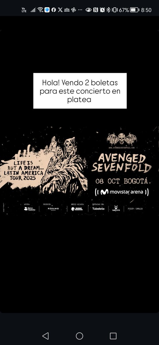 catacorreal's tweet photo. Hola vendo 2 boletas en platea para avenged sevenfold en Bogotá https://t.co/KCVpOuXwnE