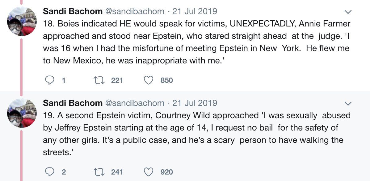 From my notes in court during Jeffrey Epstein's arraignment. Two of his victims, Annie Farmer and Courtney Wild spoke about denying bail.  Annie was abused by Epstein when she was 16 and Courtney Wild when she was 14.  Listen to the survivors tomorrow. FINALLY!!!!