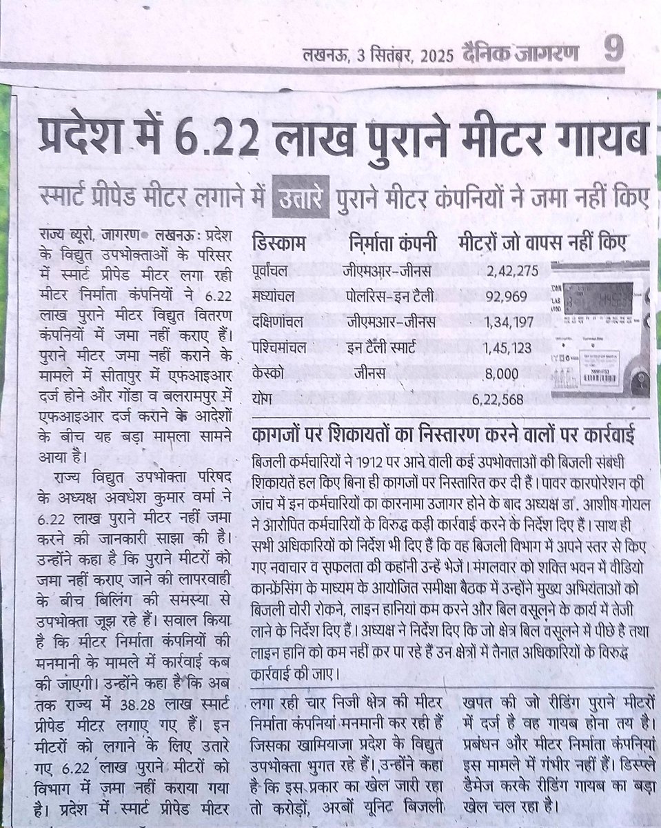 उपभोक्ता परिषद ने किया बड़ा खुलासा कहां निजीकरण  का पहला उदाहरण अभी तो  केवल सैकडो मीटर ना जमा करने पर सीतापुर में एफआईआर व गोंडा बलरामपुर में तैयारी पूरे प्रदेश में 6 लाख 22568 पुराने मीटर अभी तक मीटर कंपनियों ने नहीं जमा किए बिलिंग की समस्या अलग खेल अलग विभाग को लगा रहे चूना
