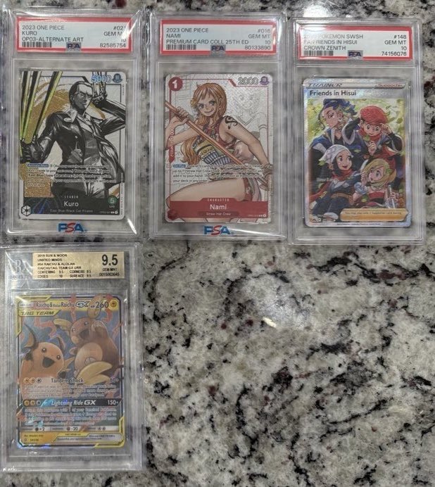 justjaush's tweet photo. @TGNCards Kuro Alt Art PSA 10 $40
Nami 25th Anniversary PSA 10 $30
Friends in Hinsu PSA 10 $30
Raichu and Alolan Raichu GX BCG 9.5 $300

+$5 bmwt
PP FF/GS + 3% https://t.co/GuowXsKowk