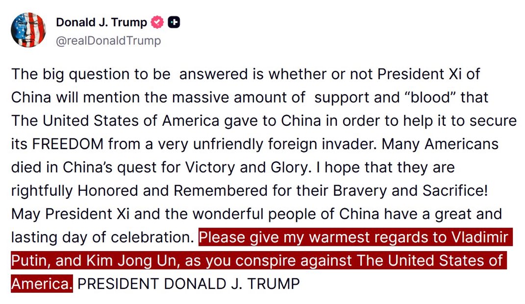 AGORA - Trump envia uma mensagem a Xi: "Por favor, dê meus mais calorosos cumprimentos a Vladimir Putin e Kim Jong Un, enquanto conspiram contra os Estados Unidos da América."