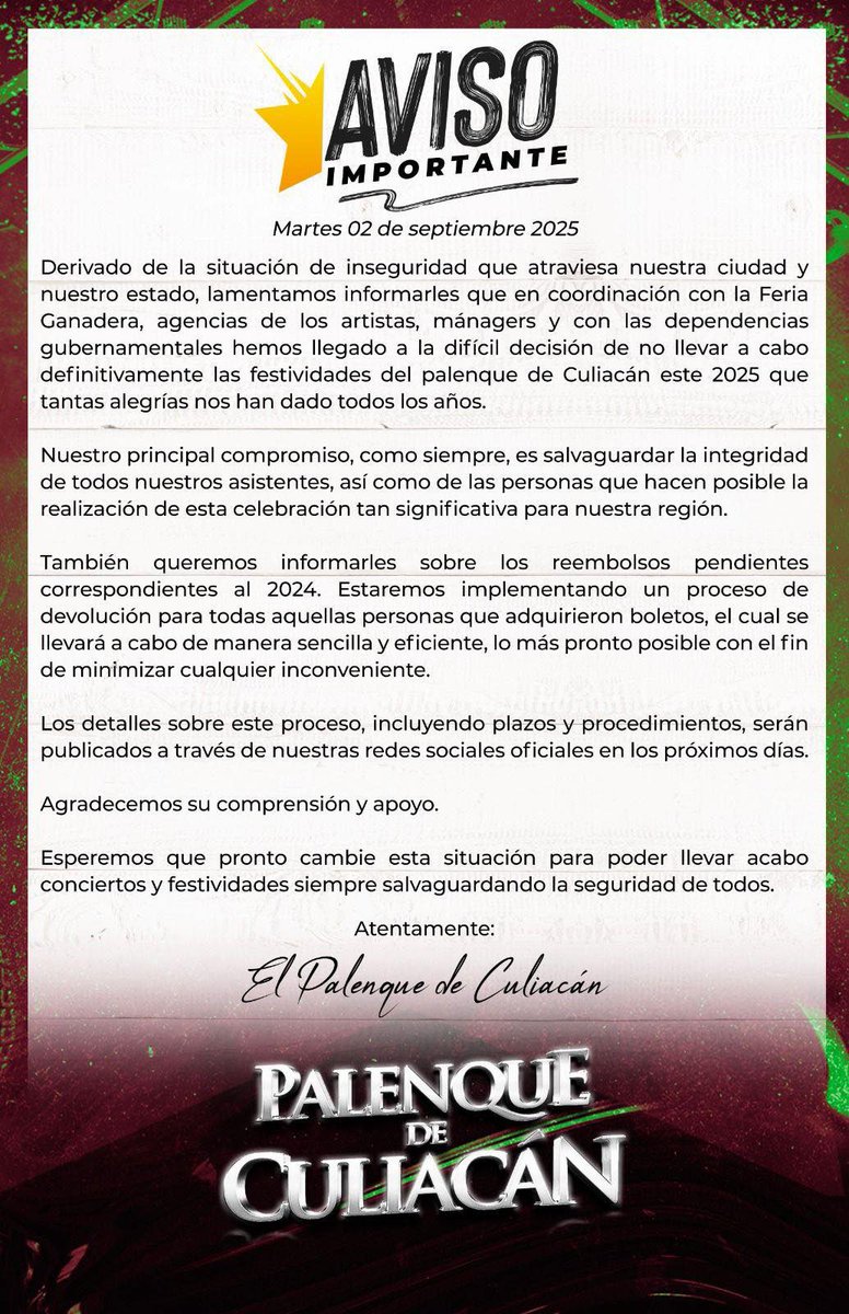 🟣| ¡Cancelan el Palenque de #Culiacán 2025 🎤🚫!  

A través de un comunicado, organizadores confirmaron la decisión de no llevar a cabo definitivamente las festividades del Palenque de Culiacán 2025.  

Agregaron también que los reembolsos pendientes del 2024 se realizará en un