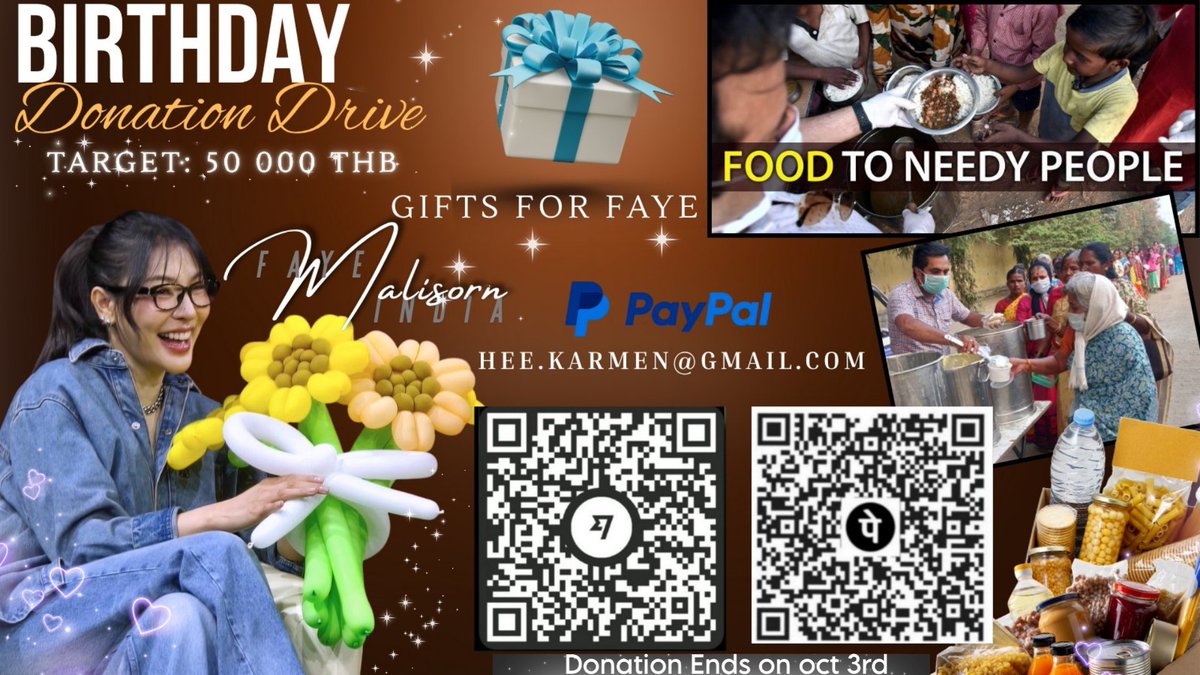 Faye’s Birthday Donation Drive 🎂💛🌟

Fayemily, let’s celebrate Faye in the most meaningful way — with love, kindness &amp; giving ✨

This year we have 2 projects:
🎁 Gifts for Faye – tokens of our endless love.
🕊️ Charity Project – food distribution for poor children, elders &amp;