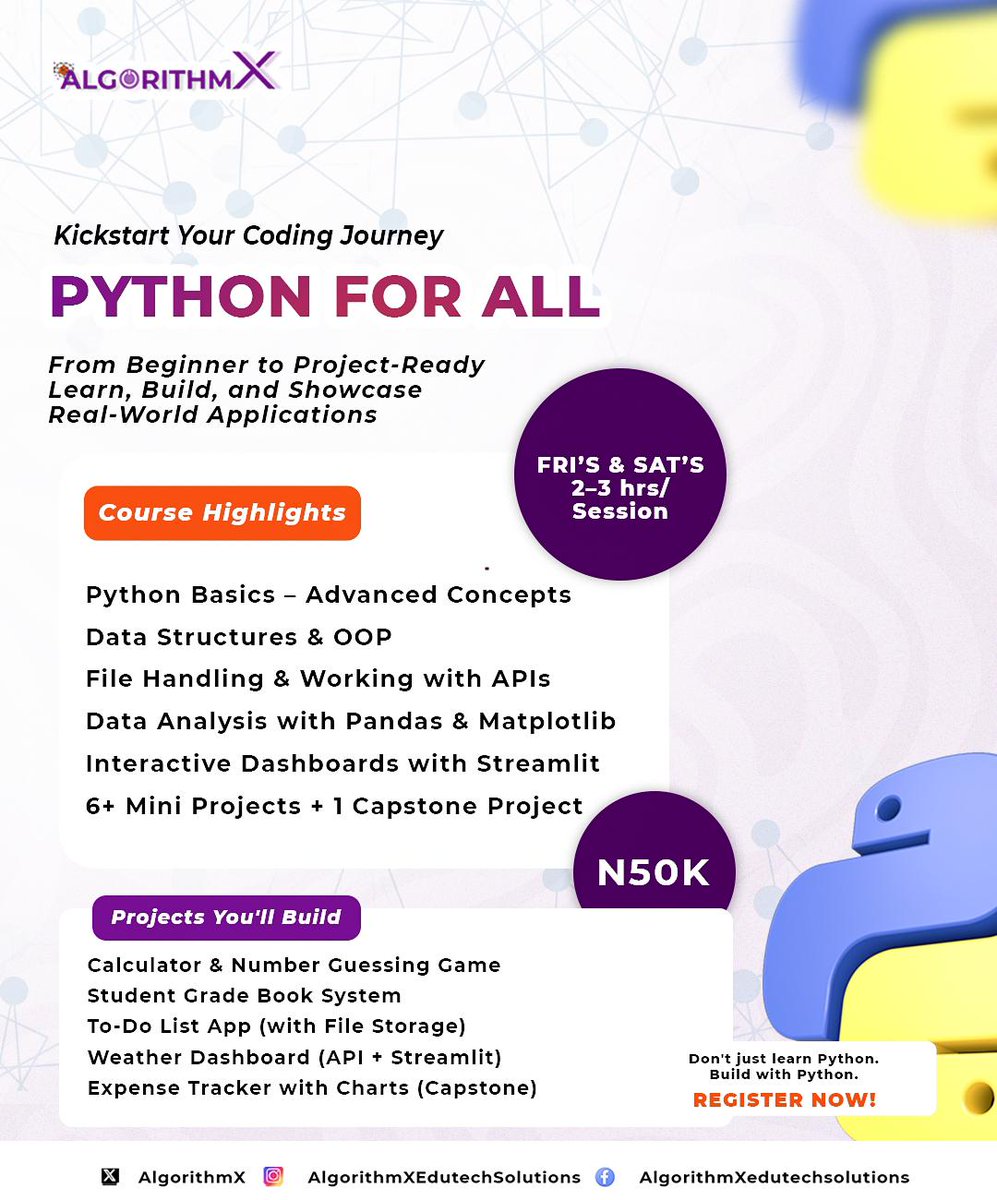 AlgorithmX_124's tweet image. 🚀 Kickstart Your Coding Journey with Python For All! 🐍✨
We’ve hosted free classes where many of you learned &amp;amp; benefited — now it’s time to take the next BIG step.
Go from beginner to project-ready:
✅ Python Basics → Advanced
👉 Click the link in our bio to register now.