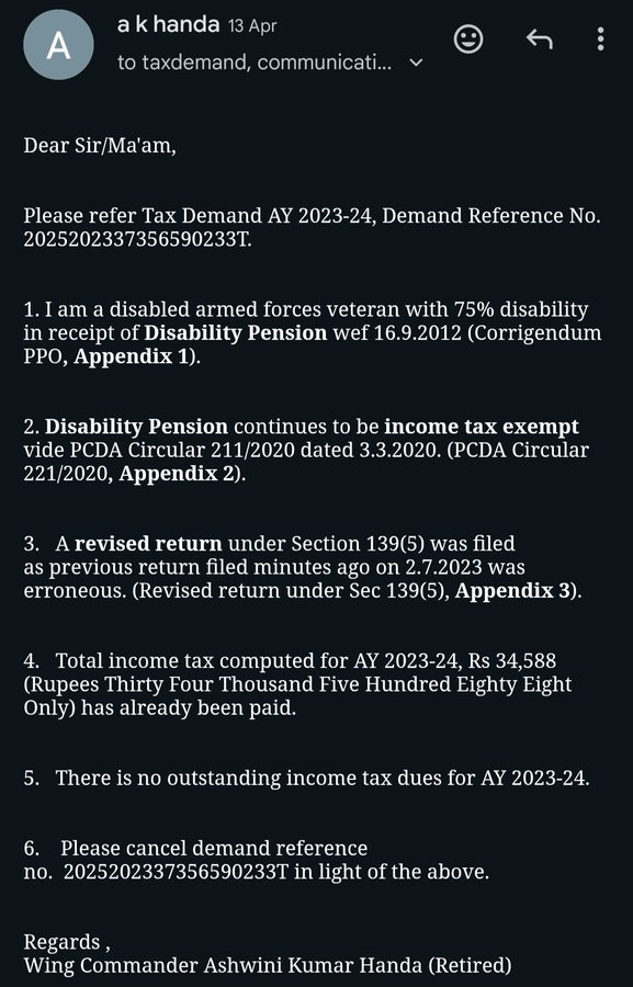 handaa66's tweet photo. Boilerplate, bot generated reply by @IncomeTaxIndia without addressing issues raised in my e mail dtd 13.4.2025. CBDT Instruction 2/2001, 2 July 2001 still operative due to stay on CBDT Circular 13/2019 by hon'ble SC.
CC : @FinMinIndia @nsitharamanoffc @secyesw @SpokespersonMoD https://t.co/qrqzYWaUjf