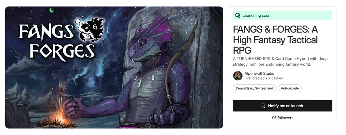 Almost at💯!
#FangsAndForges
Tactical RPG⚔️
&amp; Card Game🃏
Medieval High Fantasy🐉
Demo live on Steam🎮
22 Reviews, 100% Positive
Coming in less than 2 weeks!

👉Don't miss it: kickstarter.com/projects/alpen…