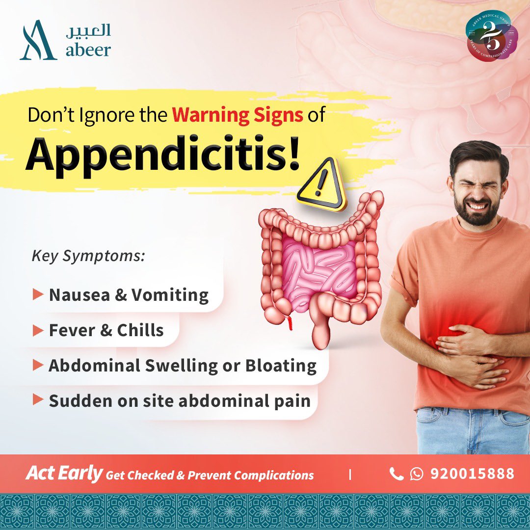 abeerhc's tweet image. 🚨 لا تتجاهل علامات التهاب الزائدة الدودية!
التشخيص المبكر يحميك من المضاعفات.

📞 للحجز والاستفسار: 920015888

🚨 Don’t ignore the warning signs of appendicitis!
Early diagnosis saves you from complications.

📞 For booking &amp;amp; inquiries: 920015888

#YourHealthMatters #Abeer