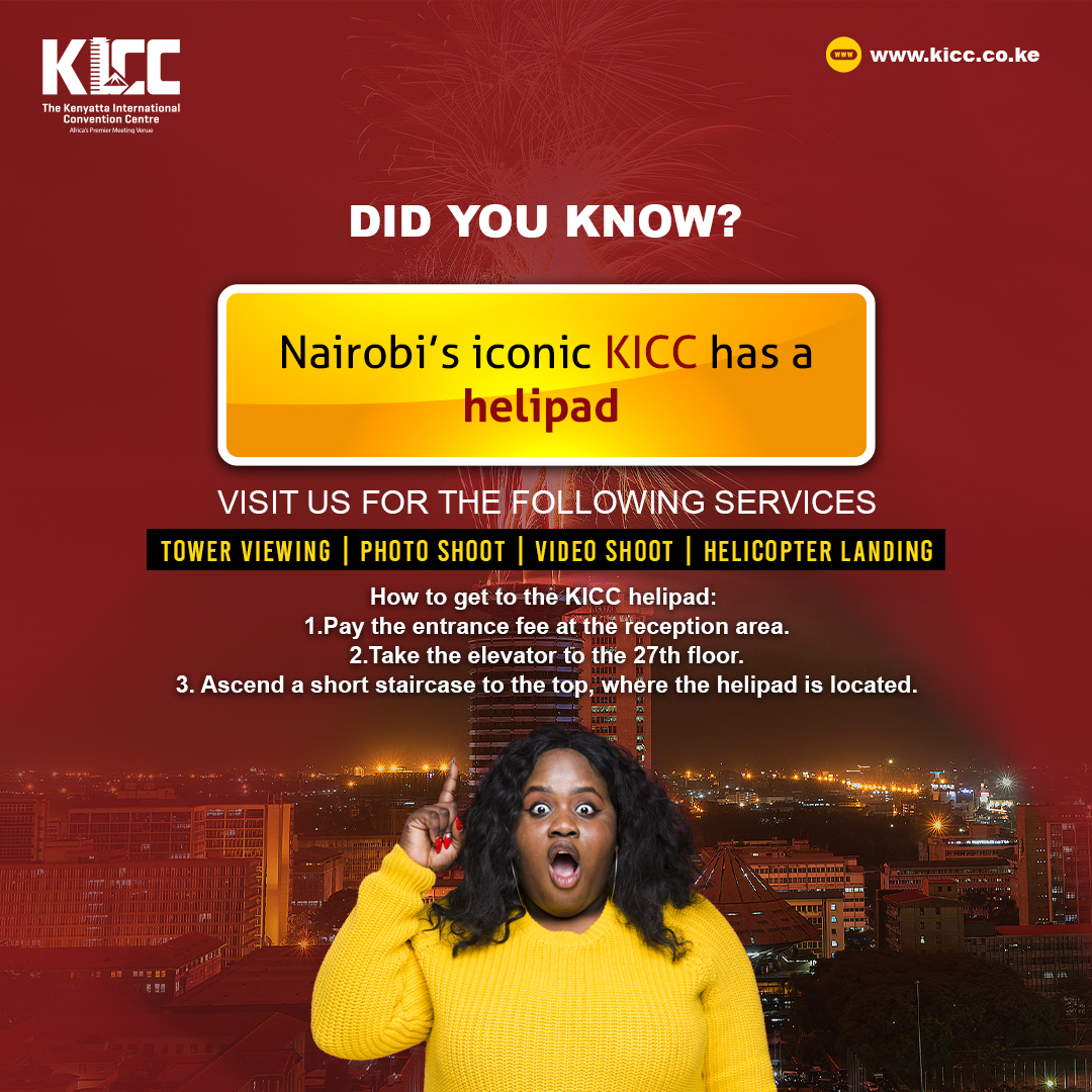 Elevate your experience at KICC Helipad in Nairobi! Enjoy stunning 360-degree city views, perfect for breathtaking photo shoots and video productions. Visit our website for more info at kicc.co.ke

#Kicchelipad #kiccevents #iydknyk