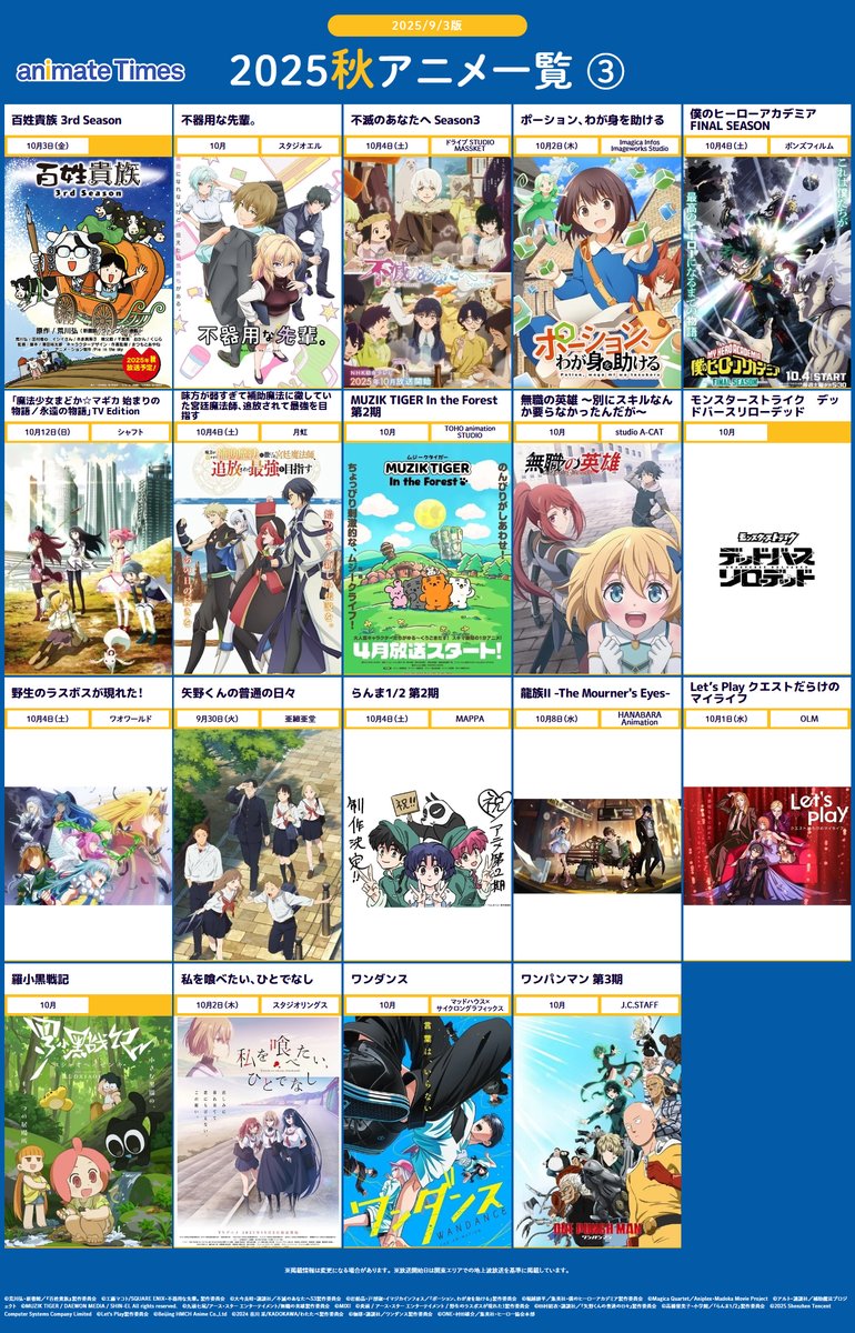 animatetimes's tweet image. 🍁🌰🍁🌰🍁🌰🍁🌰🍁

＜9/3更新＞
#2025秋アニメ 一覧画像①～③

🍁🌰🍁🌰🍁🌰🍁🌰🍁

✅秋アニメ作品をまとめてチェック！

気になった作品の詳細・最新情報はこちら👇
animatetimes.com/tag/details.ph…