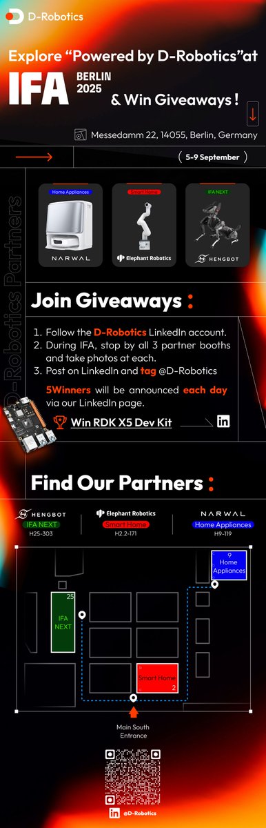 DRoboticsDev's tweet image. During @IFA_Berlin , stop by below 3 partner booths (@NarwalRobotics, @Hengbot_Sirius, @CobotMy ) and take photos at each. Share your photos in a post and tag @DRoboticsDev for a chance to take home a #RDKX5 Robotics Development Kit. Winners will be announced each day via our…