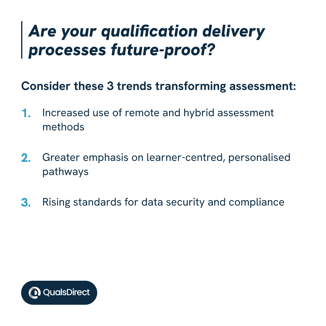 Are your qualification delivery processes future-proof?

Providers who adapt will thrive - and Quals Direct helps you stay ahead.
Get started: sales@quals-direct.co.uk 

#FutureOfWork #EdTech #DigitalAssessment