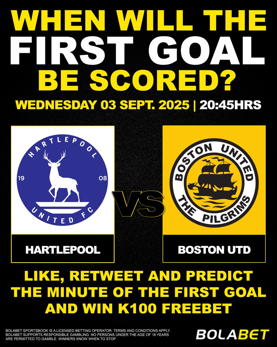 LIKE, RETWEET &amp; REPLY WITH YOUR PREDICTED MINUTE OF THE FIRST GOAL AND WIN K100! 
All replies should be published until 20:45hrs 03.09.2025.

You must be over the age of 18 to participate 
👉🏿 new.bolabet.co.zm 👈 

TERMS &amp; CONDITIONS 
👉🏿 bit.ly/47ZUMxR 👈