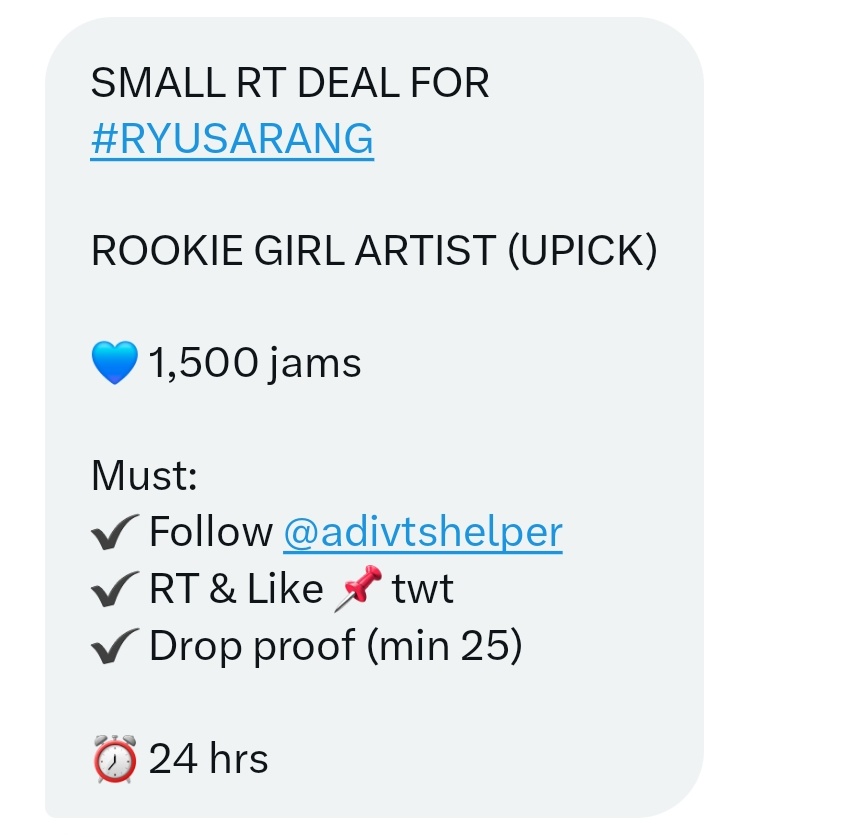 RYU SARANG GLOBAL (@sarangglobal) on Twitter photo SMALL RT DEAL FOR #RYUSARANG
ROOKIE GIRL ARTIST (UPICK)
💙 1,500 jams
Must:
✔️Follow <a href="/adivtshelper/">ADI VOTING HELPER - UPICK</a>
✔️RT & Like 📌 twt
✔️Drop proof (min 25)
⏰️ 24 hrs SMALL RT DEAL FOR #RYUSARANG
ROOKIE GIRL ARTIST (UPICK)
💙 1,500 jams
Must:
✔️Follow <a href="/adivtshelper/">ADI VOTING HELPER - UPICK</a>
✔️RT & Like 📌 twt
✔️Drop proof (min 25)
⏰️ 24 hrs