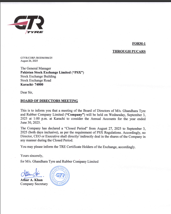 MeherJazibAli's tweet photo. Ghandhara Tyre &amp; Rubber Company Limited (GTYR) Board Meeting 3rd September 2025 1:00 PM.

#GTYR #Automobile #KSE100 #PSX https://t.co/zDE91ea9y3
