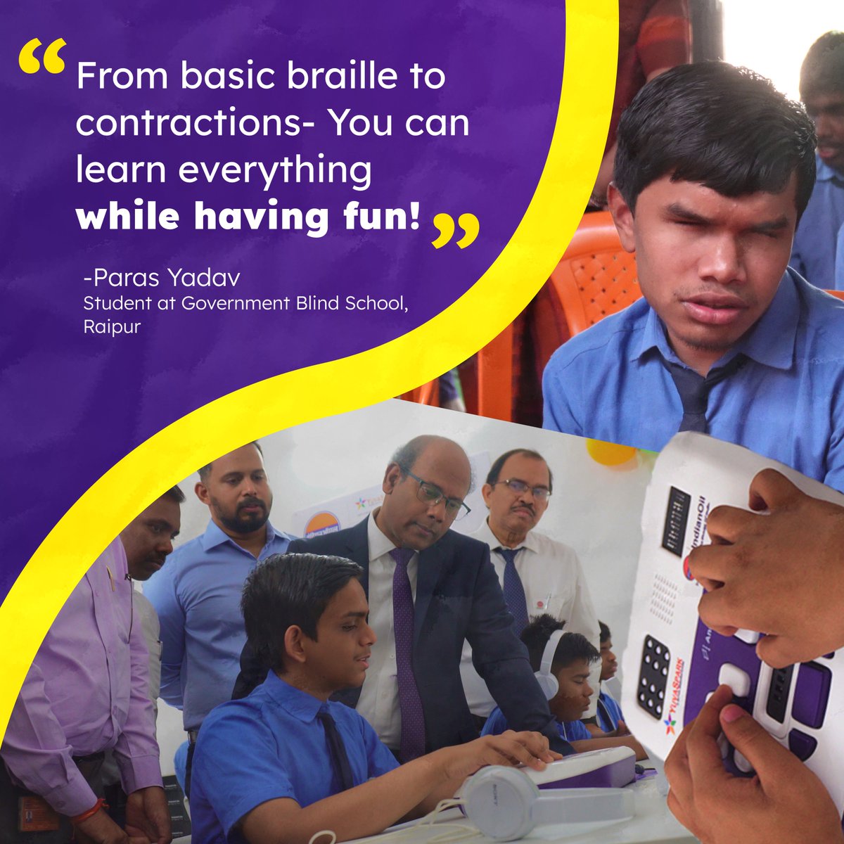 Learning braille doesn’t have to be boring! Paras and students at Government Blind School, Raipur are having fun while improving reading, writing &amp; typing skills with Annie’s gamified lessons and local language feedback. #braille #edtech #accessibility #student #literacy #tech