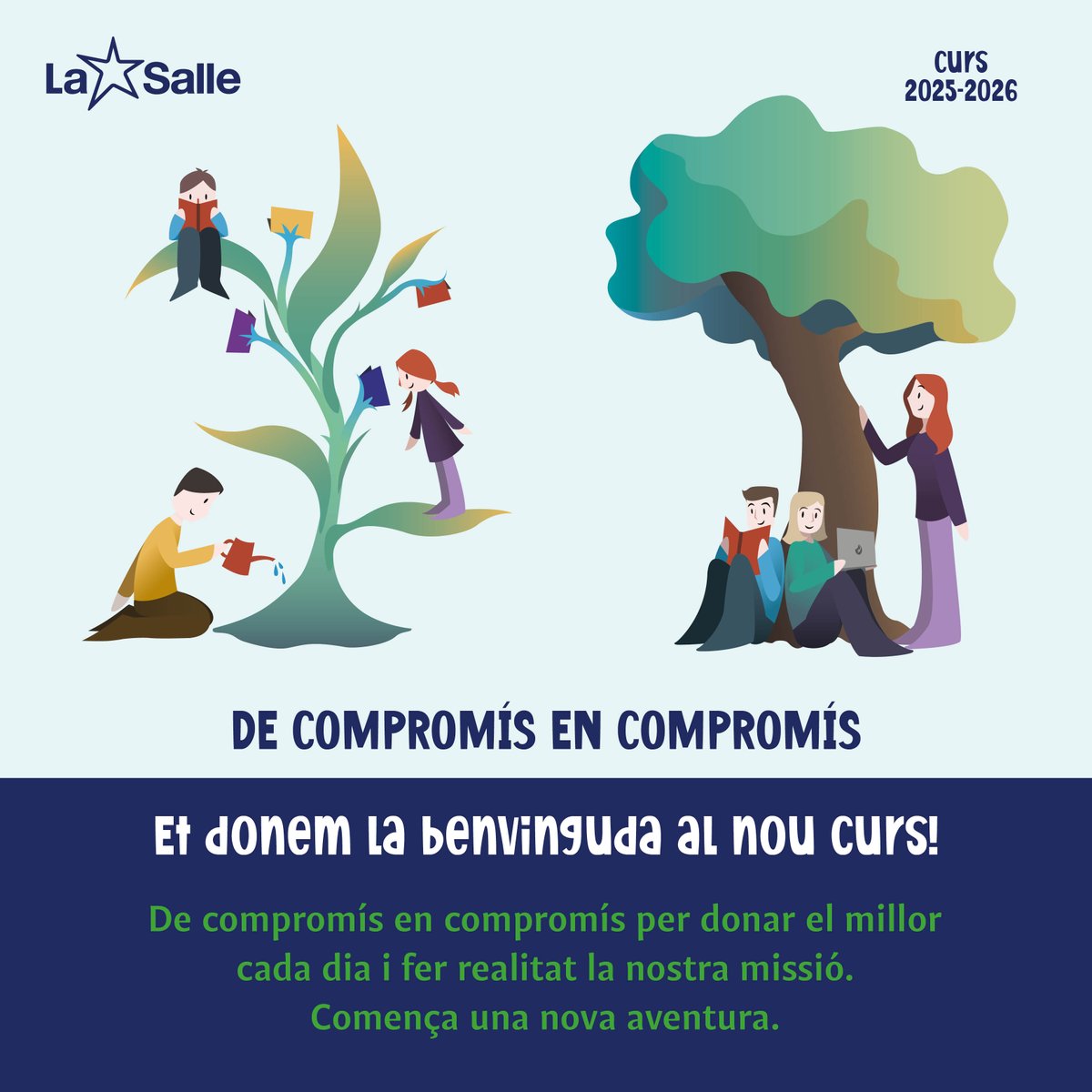 #NouCursLaSalle Et donem la benvinguda al curs 2025-2026. A La Salle seguim anant de compromís en compromís, com ho va fer el nostre fundador sant Joan Baptista de La Salle, convençuts que l’educació és el millor instrument per a transformar el món. #SomLaSalle #MiraMésEnllà