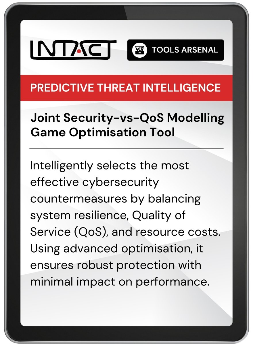 Project_INTACT's tweet image. 🧰 INTACT Tools Arsenal

The Joint Security-vs-QoS Modelling/Game Optimisation Tool from @LancasterUni &amp;amp; @AegisITResearch uses game theory to balance robust cybersecurity defences with system performance and efficiency.  

🖇️intact-horizon.eu/about/

#INTACTArsenal #HorizonEurope
