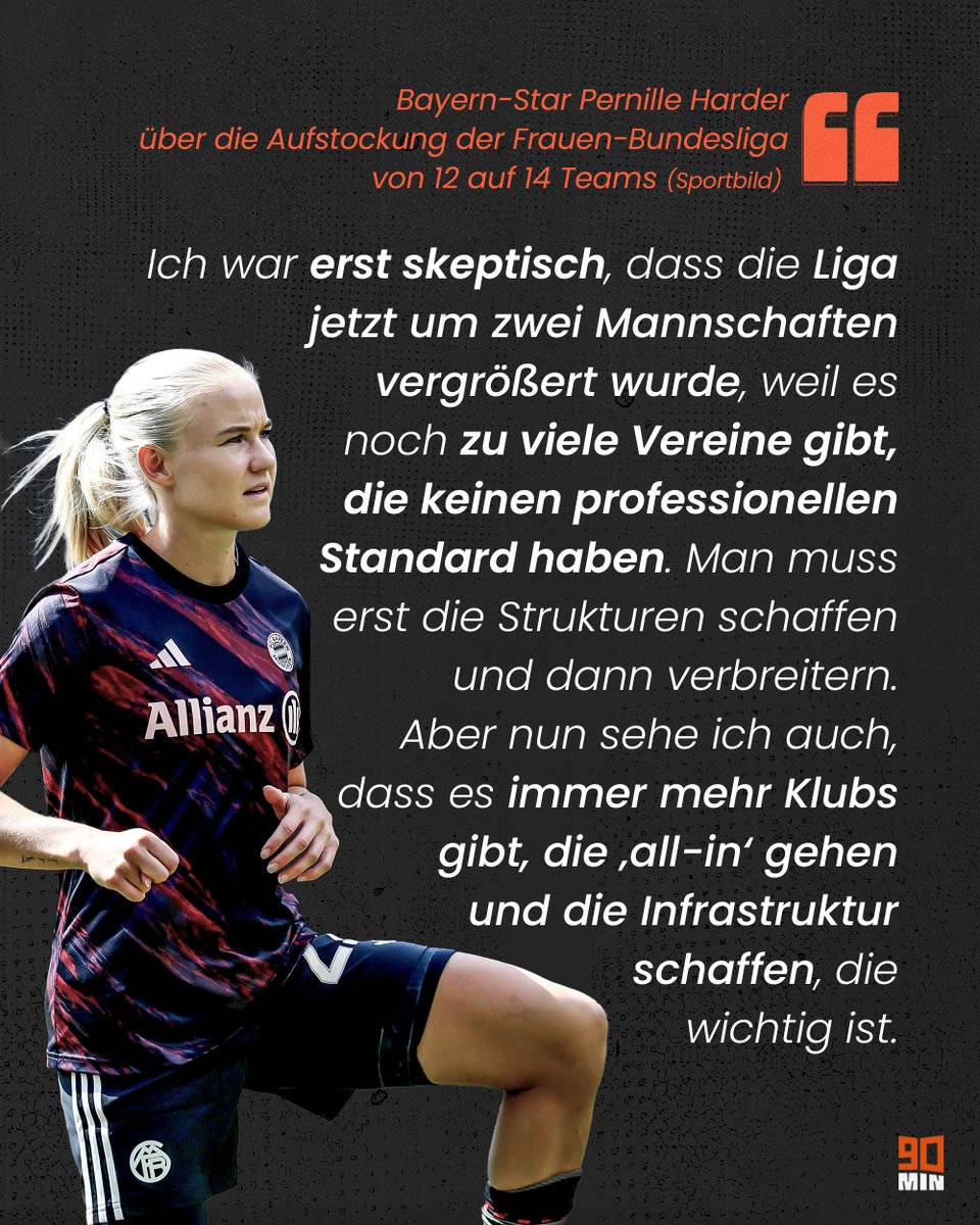 Am Wochenende startet die Bundesliga - erstmals mit 14 Teams. 🚀 FCB-Star Pernille Harder hat über die Aufstockung gesprochen, von der sie nach anfänglicher Skepsis nun überzeugt ist.

Der Meister startet am Samstag gegen Leverkusen (17:45 Uhr) in der Allianz Arena. 🏟️🔥