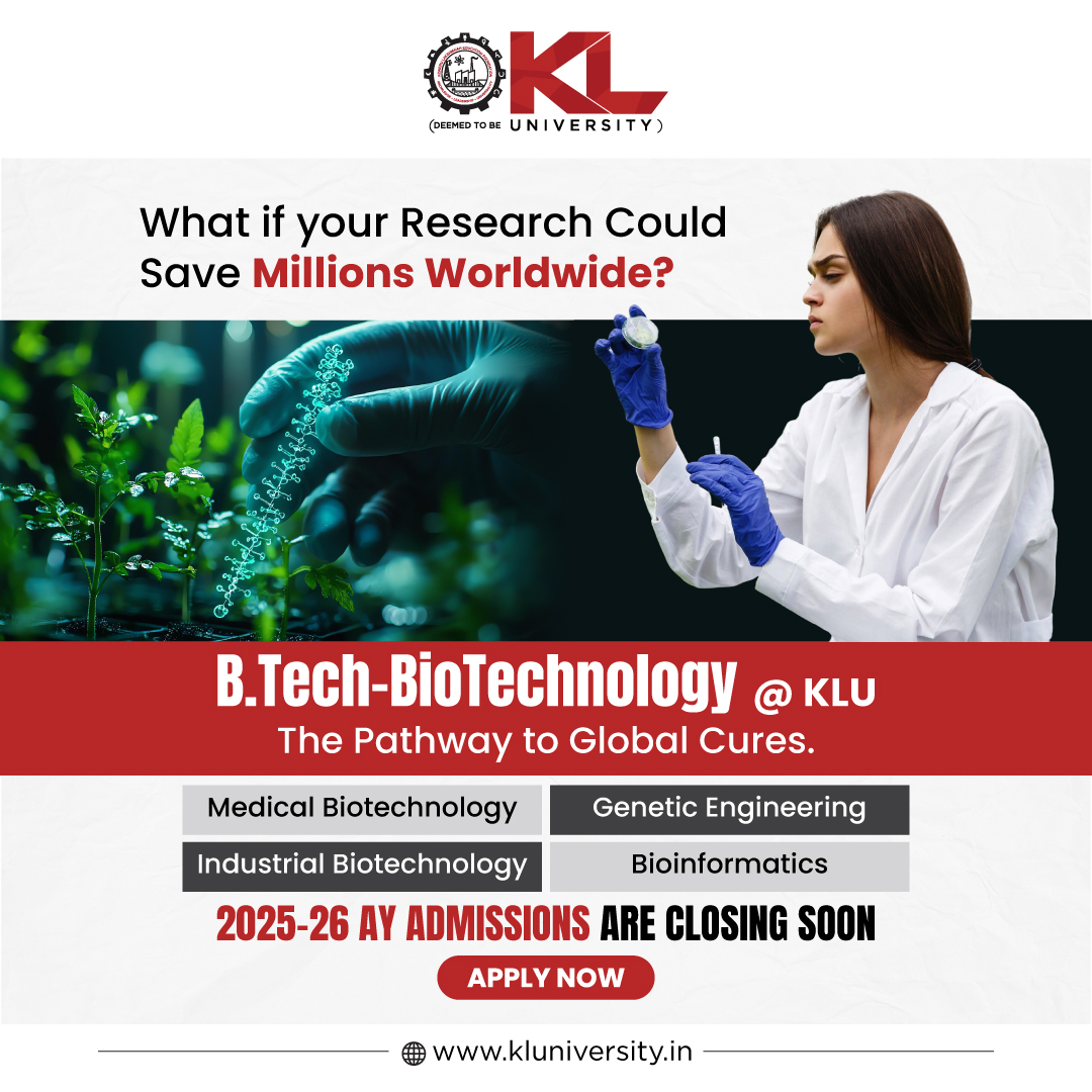 kluniversity's tweet image. Explore the fusion of biology and technology with KLU&apos;s B.Tech in Biotechnology. Gain skills to innovate in healthcare, agriculture, and the environment for a future-ready career.

kluniversity.in/admissions-202…

#KLU #btechbiotechnology #biotechnologyadmissions