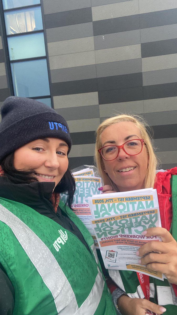 SIPTU's tweet photo. Did you know 69% of workplace reps have observed at least one form of union busting.
From Sligo to Waterford, we’re taking our @respectatworkie campaign to commuters all over the country this morning!
It’s time for CHANGE #WorkersWeek
Sign our petition https://t.co/baj1wmLnTy https://t.co/NH98YW1kqh
