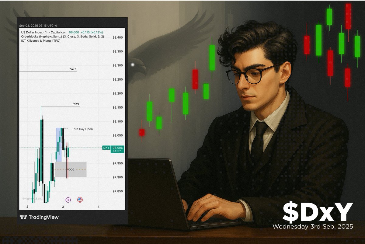 Today, $DxY pumped from NDOG and is going towards PDH and then PWH. 1H<15m, a CISD has also been formed. 

I have taken $EUR shorts based on this and targeting PWH on DxY

Will do partials and SL BE when DxY will hit PDH and rest runner till PWH✍🏻