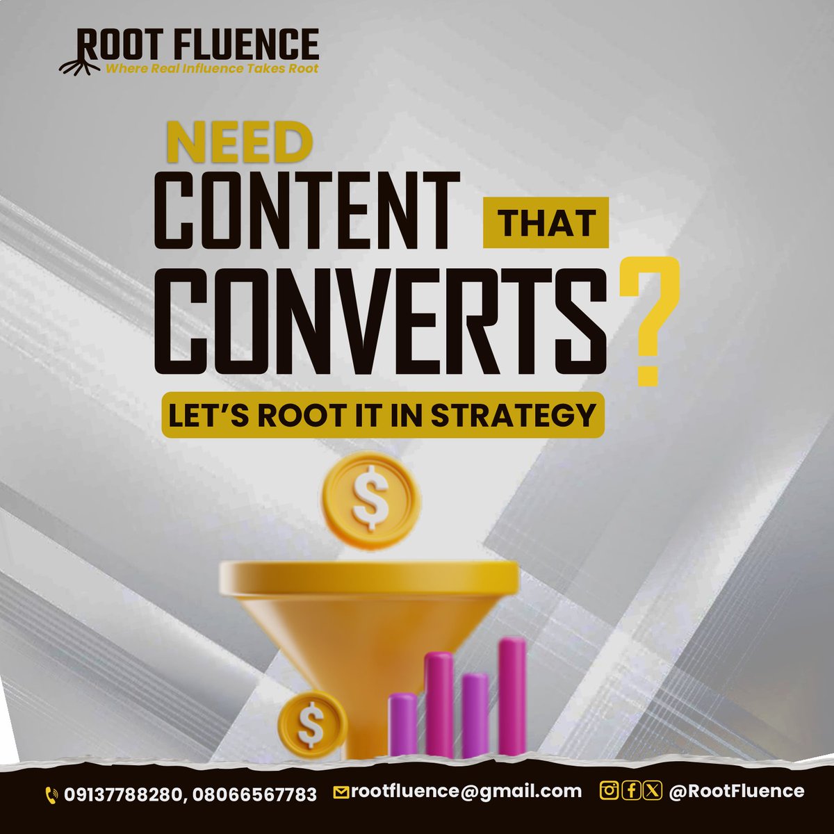 rootfluence's tweet image. Content without conversion strategy = expensive art

Your posts should: → Build trust → Address pain points
→ Guide toward action → Convert to sales

Pretty posts don&apos;t pay bills. Strategy does.