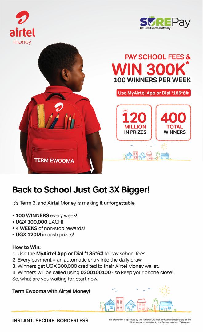 Pay School fees through SurePay using Airtel and WIN BIG! Dial *185*6# then Option 4 and follow the prompts.
#airtelmoney #SurePay #BackToSchool