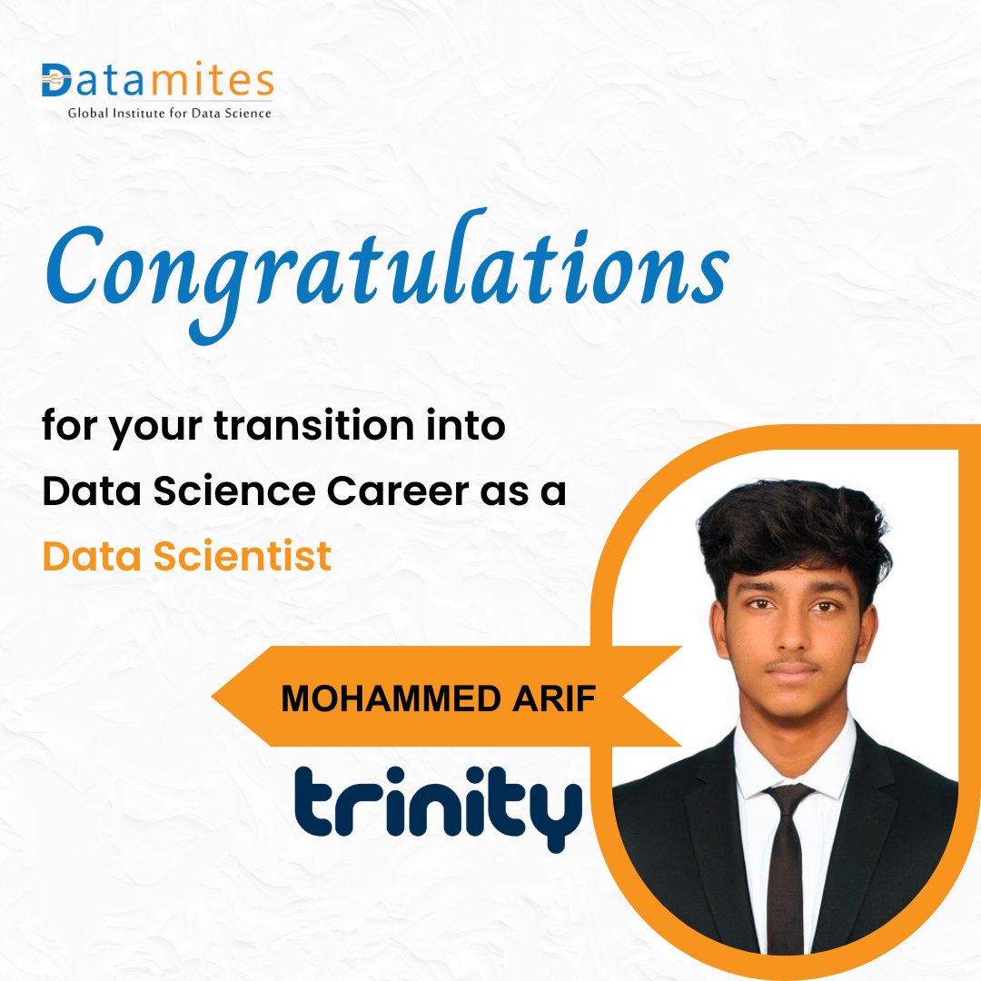 DataMites's tweet image. Congratulations to all of our recent graduates on their new jobs as Data Scientists, Data Analysts, Data Engineers, and AI Engineers. We're excited to watch them excel in their careers and use their skills to make an impact.
#datamitesplacements #datamites #datamitesdatascience