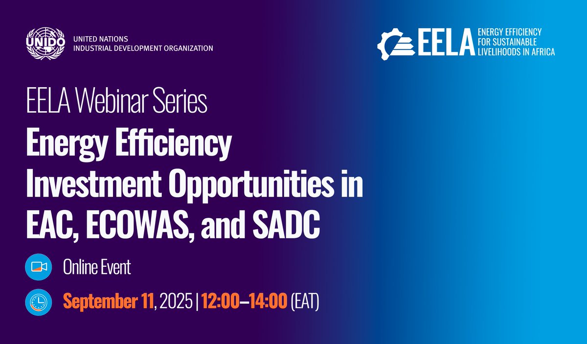 📌Webinar Alert

Join us for the #EELAProgram webinar on September 11, 2025 
What to expect
✅Engaging dialogue on #EnergyEfficiency investment opportunities across #EAC, #SADC and #ECOWAS
✅Insights from successful ESCO business models

Register: bit.ly/4119fFF