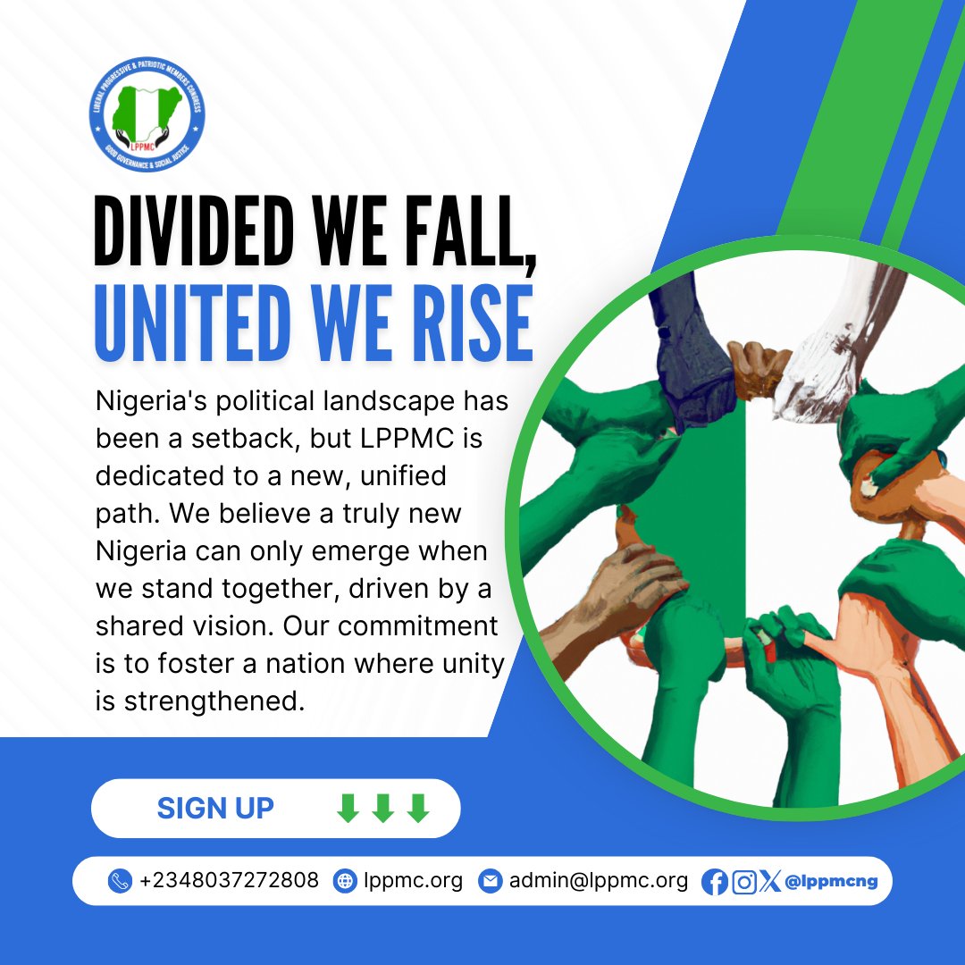 Strength is in our unity! At LPPMC, we are building a new Nigeria where our collective power is our greatest asset. Let's reject disunity and stand together, driven by a shared vision for a better future. Join us as we rise. #LPPMC