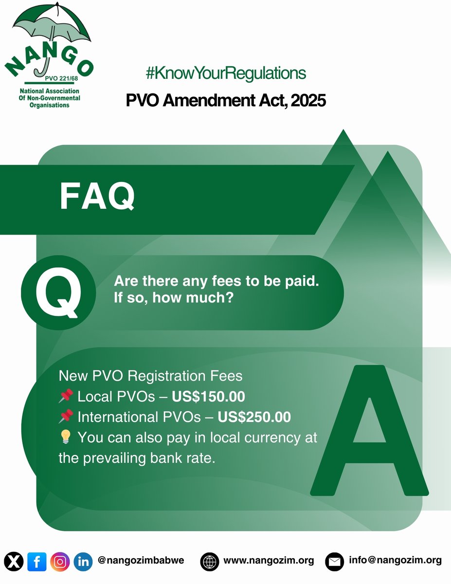 nangozimbabwe's tweet image. Civic Space Watch Update

The Ministry of Public Service, Labour and Social Welfare has gazetted new registration fees for PVOs under S.I. 82 of 2025:

1. International PVOs – US$250
2. Local PVOs – US$150 (payable in local currency at the prevailing bank rate)

Areas still…