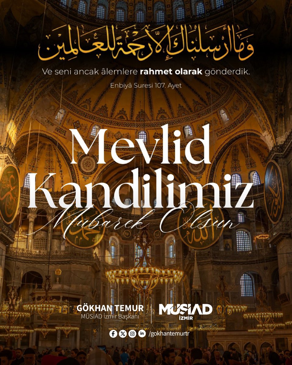 Milletimiz ve İslam âleminin Mevlid Kandili'ni en kalbi duygularımla ile tebrik ediyorum.

Âlemlere rahmet olarak gönderilen Peygamber Efendimiz ’in (s.a.v.) doğumunu idrak ettiğimiz bu mübarek gecenin; tüm insanlık için hayırlara vesile olmasını diliyorum.