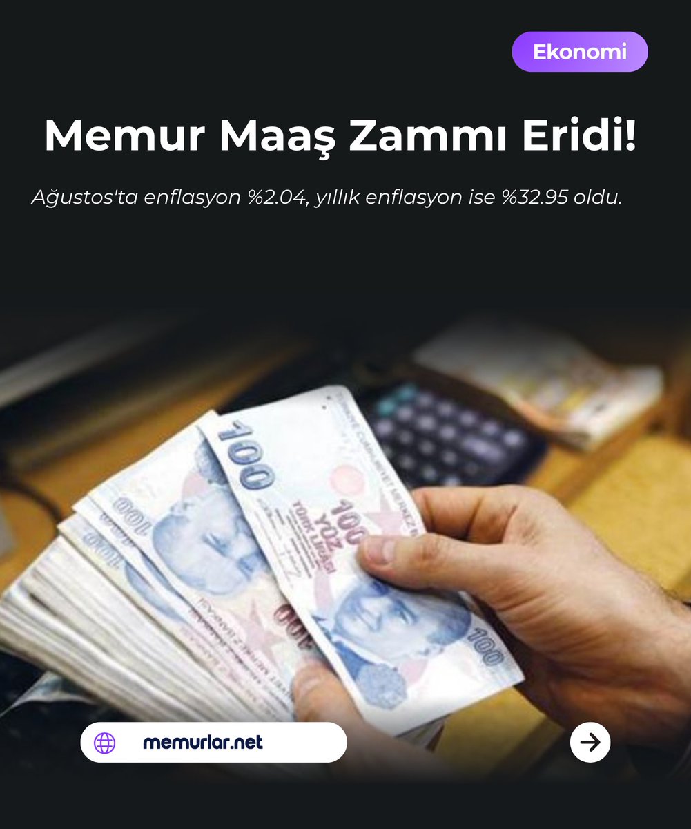 📍Yüzde 2,04 olarak açıklanan Ağustos ayı enflasyonu ile birlikte Temmuz ve Ağustos enflasyonu yüzde 4,1 oldu. 
📌#Memurlar, 2025 yılı ikinci yarısı için yüzde 5 zam almıştı.
📌İki ayda memurların aldığı zam erimiş oldu. Sonraki aylarda #enflasyon farkı oluşacaktır.