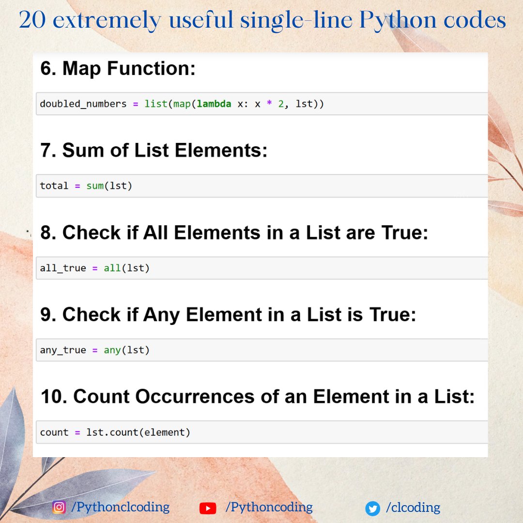 clcoding's tweet image. 20 extremely useful single-line Python codes