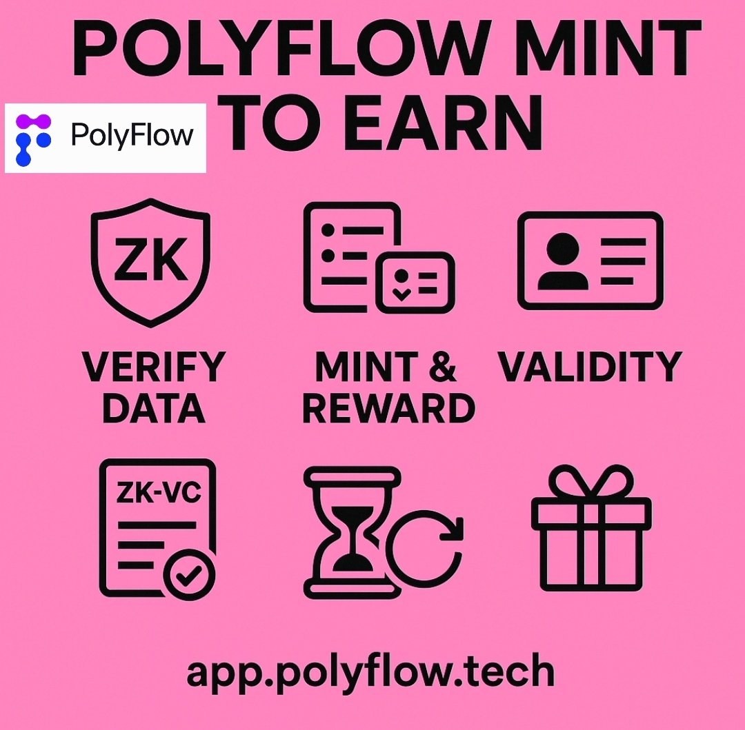 cryptonicone's tweet image. 🔥 @Polyflow_PayFi Mint to Earn is LIVE!
Verify your data with zkPass, mint a zk-VC, and earn rewards — all privacy-first & on-chain.
⚡ Steps:
1️⃣ Verify Data
2️⃣ Mint & Earn
3️⃣ Stay Valid
👉 app.polyflow.tech
#Polyflow #zkPass #ZK #Web3