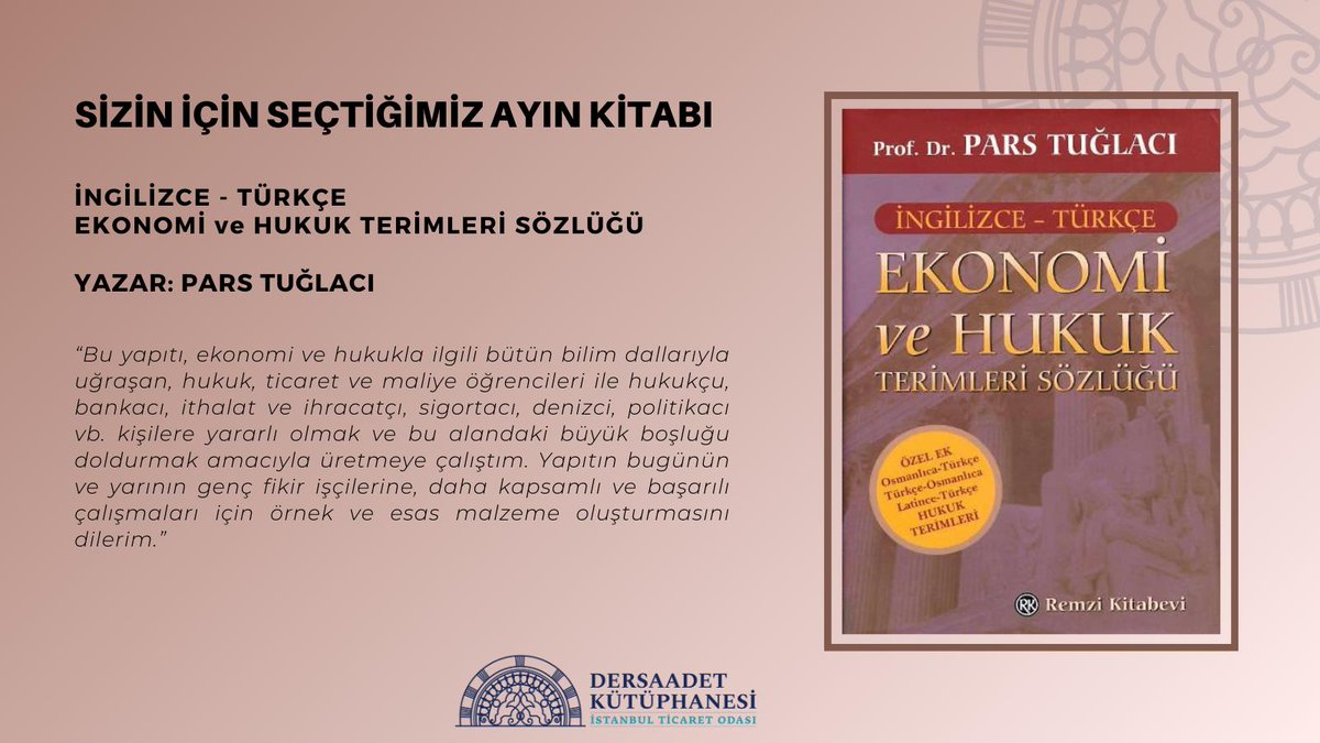 Bu ay siz değerli okuyucularımız için "İngilizce - Türkçe Ekonomi ve Hukuk Terimleri Sözlüğü" isimli kitabı seçtik. 
İncelemek isteyen okuyucularımızı kütüphanemize bekleriz 📚

#kutuphaneler #istanbul #kitapsever #eminönü #okumasalonu #ekonomi #hukuk #sözlük #ito #yayınlar