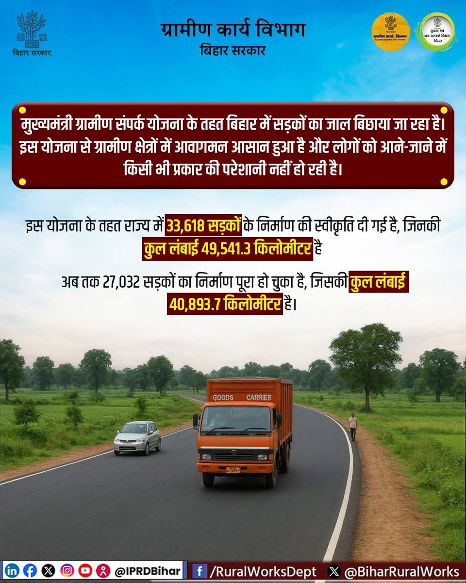 DmMadhubani's tweet image. मुख्यमंत्री ग्रामीण संपर्क योजना के तहत बिहार में सड़कों का जाल बिछाया जा रहा है। इस योजना से ग्रामीण क्षेत्रों में आवागमन आसान हुआ है और लोगों को आने-जाने में किसी भी प्रकार की परेशानी नहीं हो रही है।
#ग्रामीण_विकास #सशक्त_बिहार #AshokChoudhary
#पक्की_सड़क_पक्की_तरक्की…