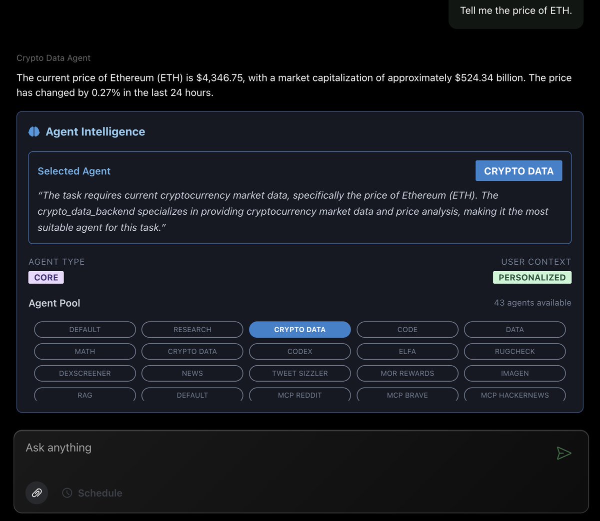Day 1:
Starting the 100 Day "Race to AGI".

I'll kick things off easy enough by tasking my agent to check the price of ETH and report it back to me everyday at 9 a.m.