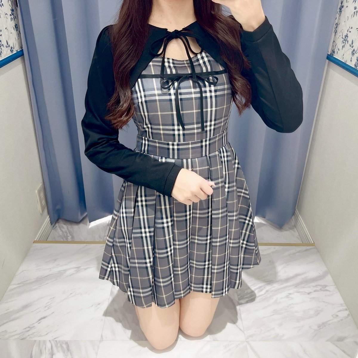 大人気　千鳥シフォンキャミワンピース　evelyn evelyn バストギャザーリボンキャミOP