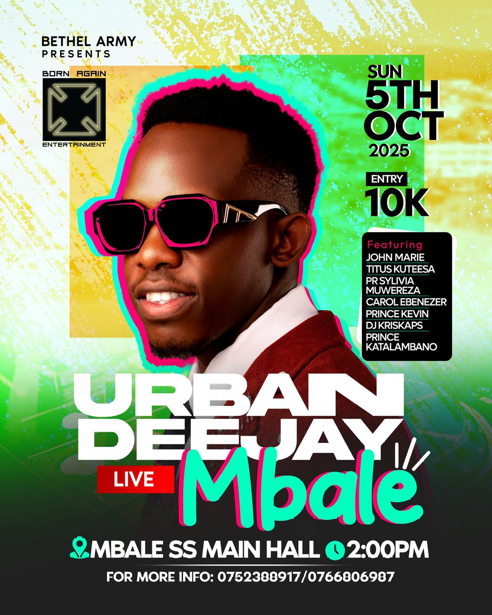 We bring you <a href="/URBANDJAY/">#UrbanDeejayLive</a> and other artists in conjunction with #BethelArmy in Mbale City.
Kindly mark the date, promising to be a fantastic day for the youth.
Details below:

'the gospel as cool as possible'