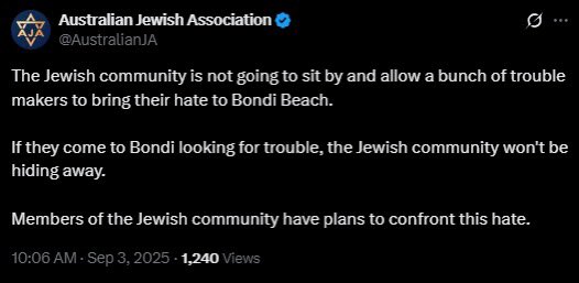 If you are planning on coming to our peaceful Bondi event on Sunday, please be aware that a direct threat has been made towards us by the AJA. The event was a Jewish initiative. They…checks notes…are threatening Jews. 
<a href="/DavidShoebridge/">David Shoebridge</a> <a href="/spenderallegra/">Allegra Spender</a> <a href="/MehreenFaruqi/">Mehreen Faruqi</a> <a href="/nswpolice/">NSW Police Force</a>