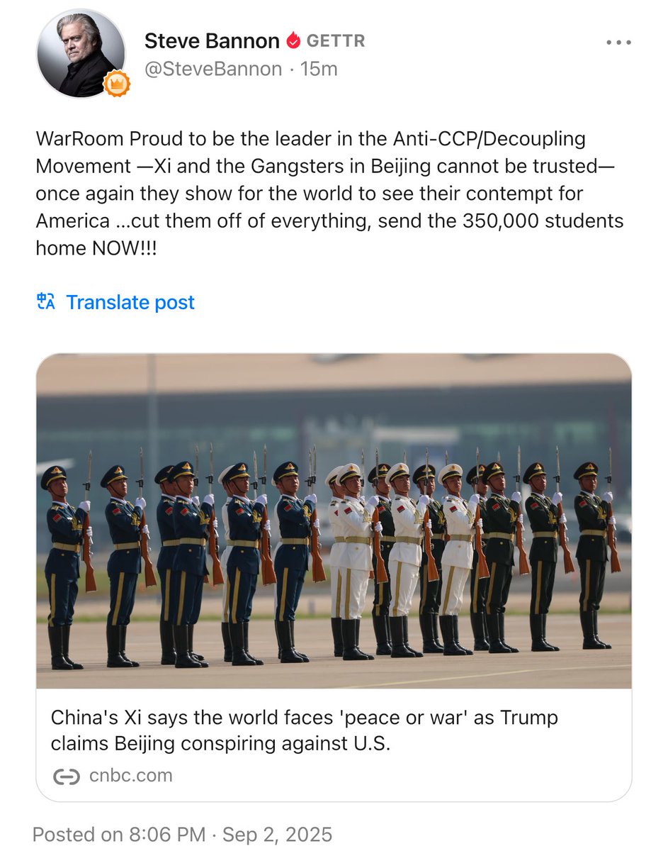 WarRoom Proud to be the leader in the Anti-CCP/Decoupling Movement —Xi and the Gangsters in Beijing cannot be trusted—once again they show for the world to see their contempt for America …cut them off of everything, send the 350,000 students home NOW!!! 

cnbc.com/2025/09/03/chi…